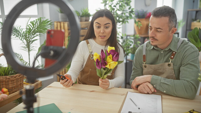 A woman and a man wearing aprons in a flower shop, using a ring light and smartphone for a floral demonstration video.