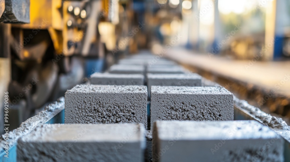 Poster a close-up of a concrete block production line, with wet concrete being molded into blocks