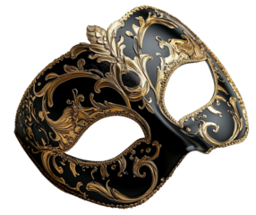 Elegant Black and Gold Decorative Mask Design, isolated on transparent background.