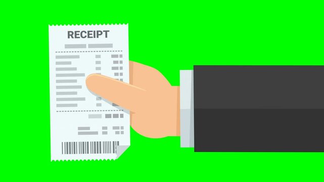 A hand has a receipt from the right on a green screen with alpha channel (flat design)