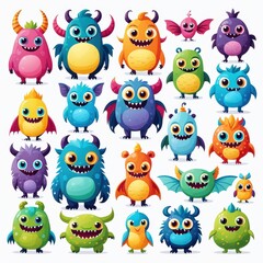 Fototapeta premium A colorful collection of cute, cartoonish monsters with various features and expressions.