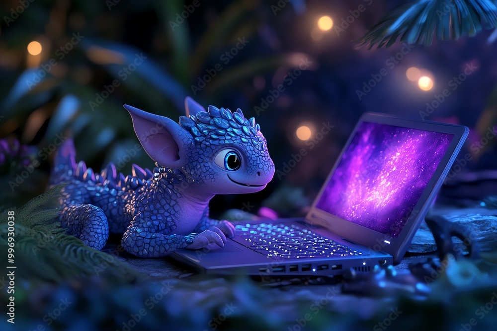 Poster a magical e-learning world where students use enchanted laptops to learn from mystical creatures, bl