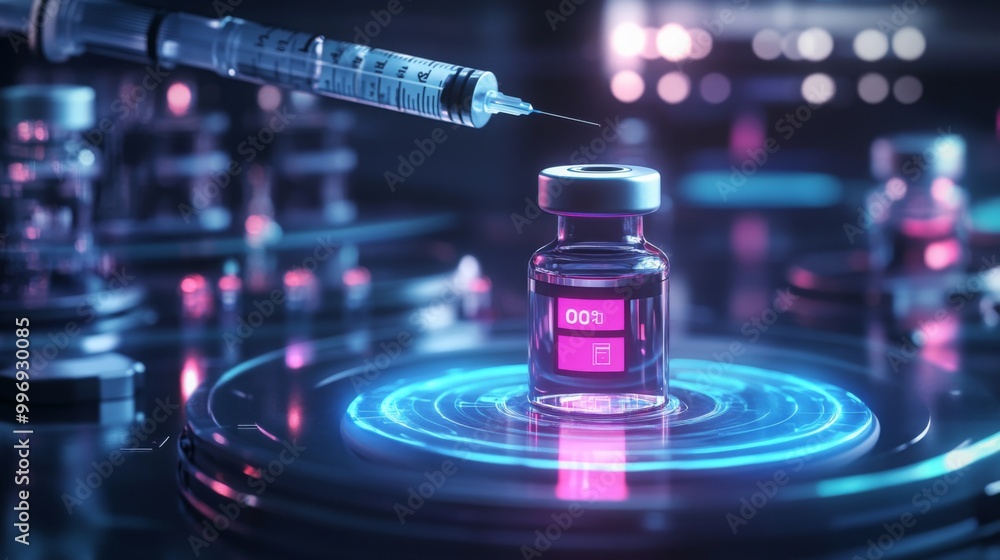Poster a vaccine vial sits on a high-tech surface, illuminated by vibrant neon lights, as a syringe approac