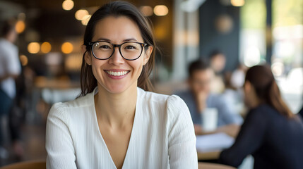 Smiling Woman in Glasses in a Cozy Café