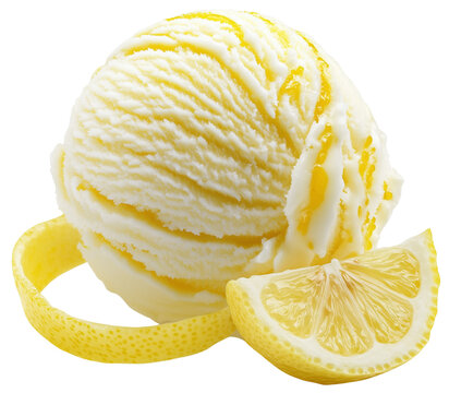 Creamy Lemon Ice Cream Scoop, isolated on transparent background.