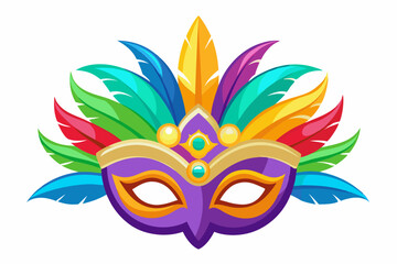 Mardi Gras carnival mask with colorful feathers clip art on a white background, no shadow, no gradient, high-resolution vector illustration for t-shirt design, colorful, white background, highly 