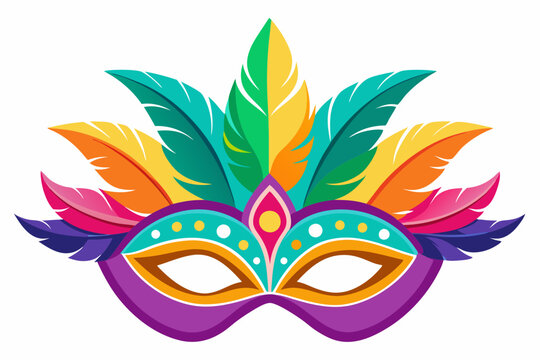 recommend clip art: Mardi Gras carnival mask with colorful feathers clip art on a white background, no shadow, no gradient, high-resolution vector illustration for t-shirt design, colorful, white background, highly 