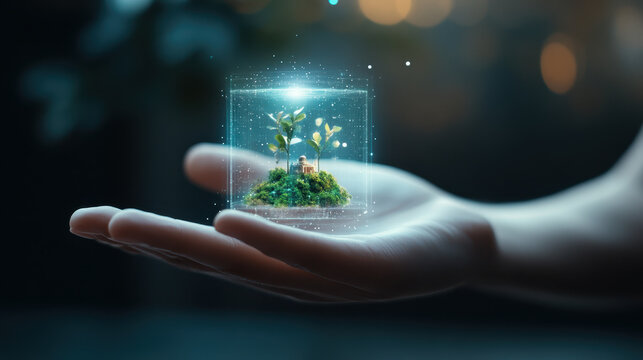 hand gently cradles glowing, interactive holographic display featuring miniature landscape with greenery and small structure, symbolizing innovation and nature