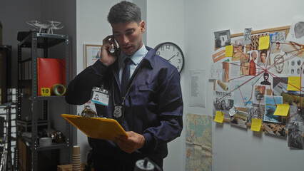 Handsome hispanic detective man multitasks with phone and clipboard in an evidence room