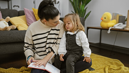 Mother and daughter enjoying time together in a cozy living room, engaging with a drawing activity on a couch.