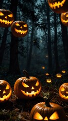 Glowing jack-o'-lanterns in a spooky forest on Halloween night.