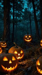 Glowing jack-o'-lanterns in a spooky forest on Halloween night.