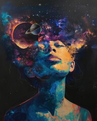 Fototapeta premium A vibrant cosmic portrait of a woman s silhouette filled with colorful galaxy elements and planets, set against a dark starry background
