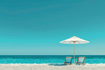 Two sun loungers under an umbrella on the beach. Generative AI
