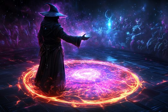 A magical speaker on a glowing stage in a fantasy world, using enchanted words to captivate the audience of mystical creatures