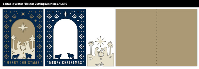 A beautiful nativity cut-out design featuring Mary, Joseph, and baby Jesus under a star with sheep and palm trees. Perfect for Christmas cards or religious-themed decor.