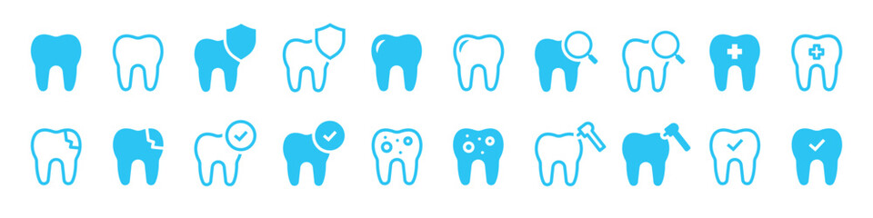 Set of dental related icons. Dentist and stomatology, teeth checkup, tooth crash, decay tooth. Vector illustration.
