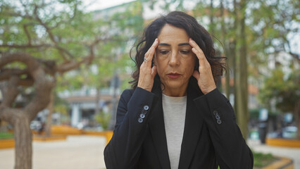 A stressed middle-aged woman in a park, touching her temples in an urban outdoor setting.