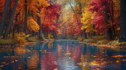 Fototapeta premium Serene autumn forest with vibrant orange and yellow foliage reflecting on a calm stream under warm golden sunlight, surrounded by tall birch trees. Concept of nature's tranquility, seasonal beauty, an