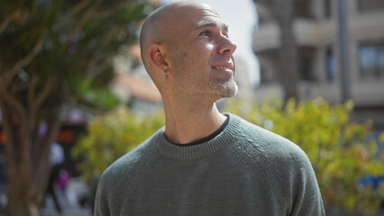 Handsome bald man with beard smiling outdoors in a sunny park