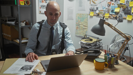Bald detective man works indoors at a crime investigation office with evidence board, laptop,...