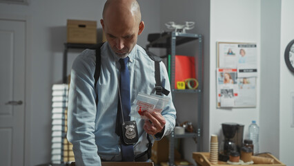 Serious bald man analyzing evidence in a detective's office, conveying a sense of focused...