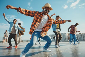 Group of male dancers performing street dance routine on rooftop at sunny day - Powered by Adobe