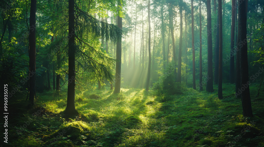 Poster golden sunlight filters through the trees in a lush forest during late afternoon, creating a serene 