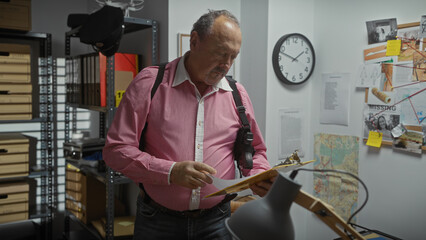 Middle-aged detective man analyzes evidence in the cluttered, busy police department office,...