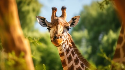 Fototapeta premium Curious Giraffe Portrait in a Lush Green Setting