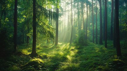 Obraz premium Golden sunlight filters through the trees in a lush forest during late afternoon, creating a serene and tranquil atmosphere