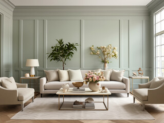 Fototapeta premium Living room interior in modern and classic styles with wooden panneling. Neutral and light sage colors interior with wooden wall panels. 