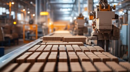  modern brick manufacturing plant, showing rows of freshly made bricks moving along a conveyor belt