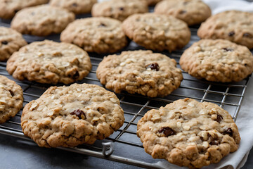 Freshly baked oatmeal raisin cookies cooling on wire rack