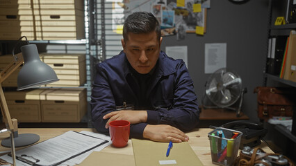 A focused hispanic man in a detective's office surrounded by files, evidence, and workplace essentials.