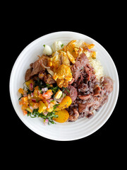 plate of food with rice, beans, salad and meat, healthy food, feijoada, pork rind, pancetta