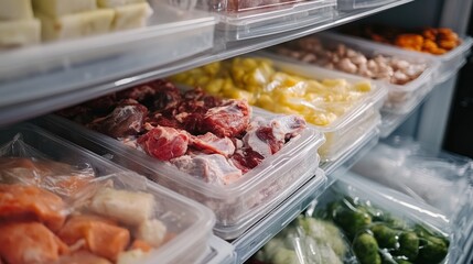different frozen meat on the opening freezer shelves. food storage. 