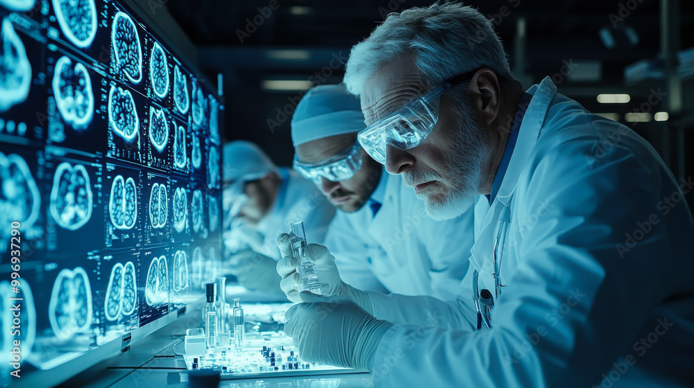 Poster scientists conducting research in a laboratory with advanced imaging technology examining brain scan