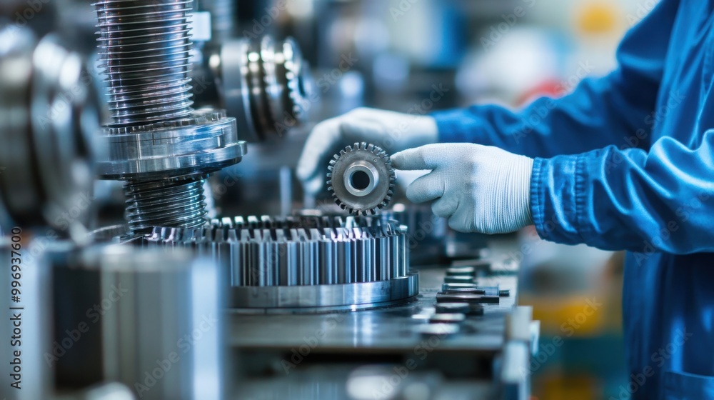 Poster worker in a quality control department of an automotive parts factory, using precision instruments t