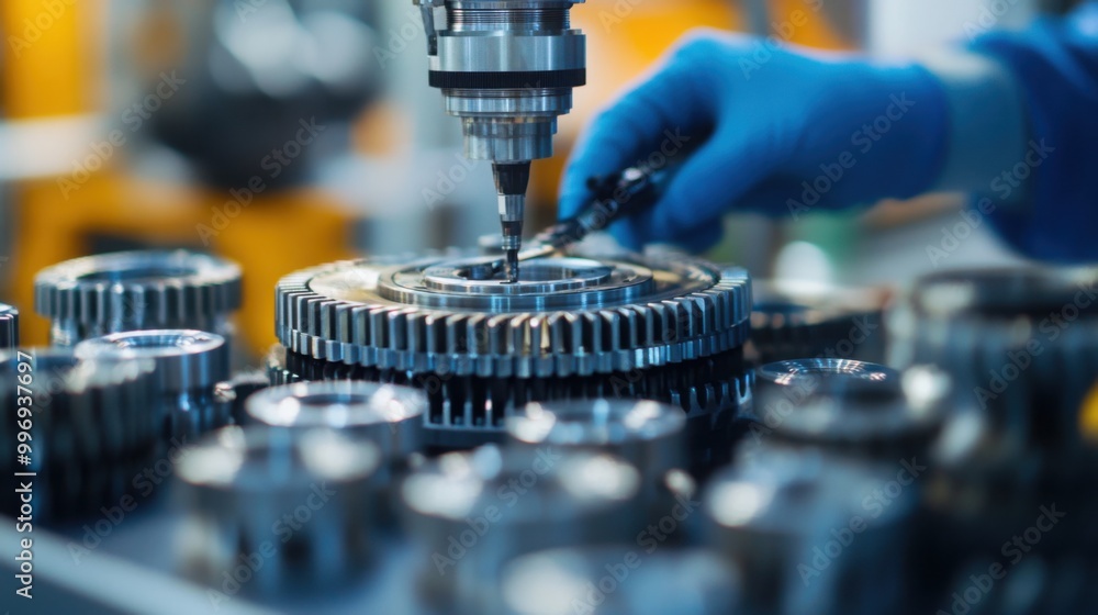 Poster worker in a quality control department of an automotive parts factory, using precision instruments t
