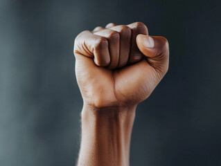 A close-up of a fist raised in unity during a Black History Month event, symbolizing strength and progress.