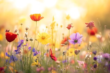 Obraz premium Wildflowers blooming in a field at sunset creating a romantic atmosphere