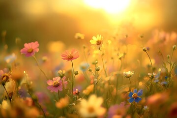 Wildflowers blooming in a field at golden hour