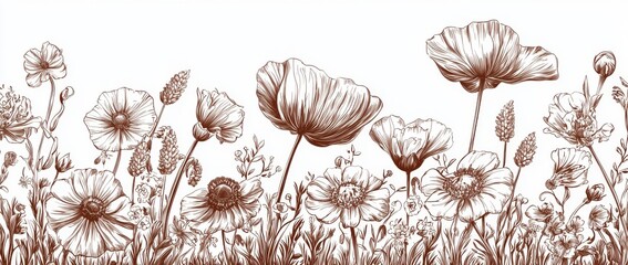 Naklejka premium It is a handdrawn illustration of a brown meadow of flowers and herbs on a white background, which can be used for design elements and wedding modern designs.