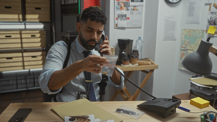 A focused hispanic man examines evidence while talking on the phone in a cluttered detective office.