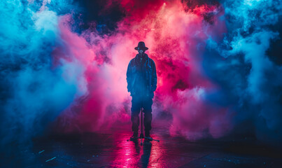 Fototapeta premium Rapper Performing Live on Stage with Vibrant Pink and Blue Smoke at Night Hip Hop Concert