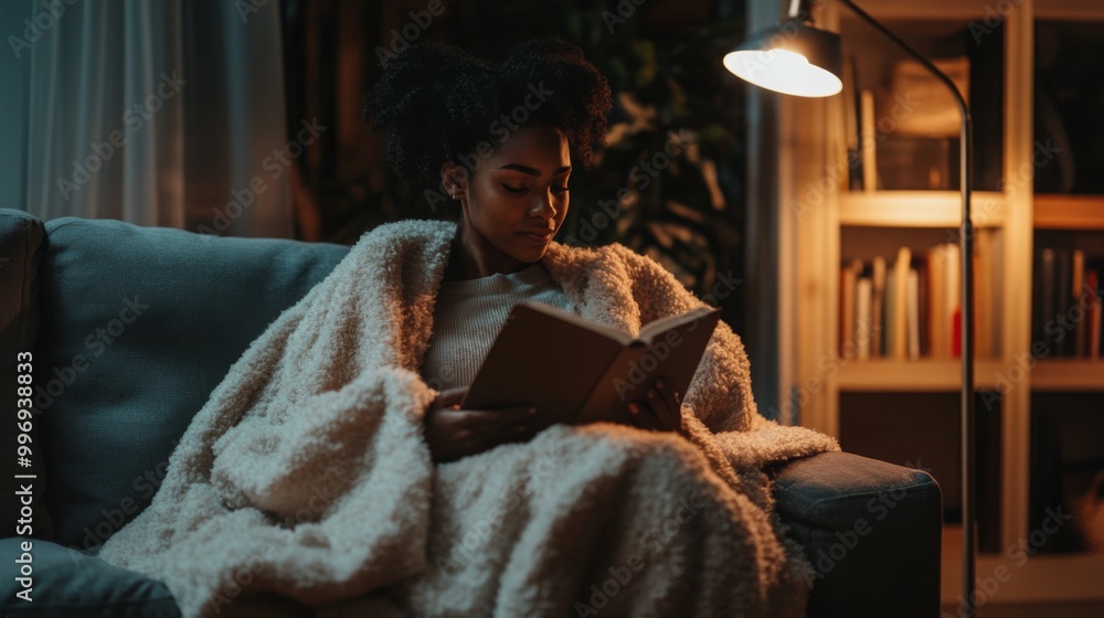 Aufkleber a woman enjoys a quiet evening reading a book on a comfortable couch while wrapped in a soft blanket
