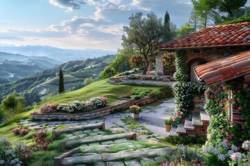Fototapeta premium A cozy hillside house with a red-tiled roof and a beautiful view of the valley below. The house has a terraced garden with stone steps and blooming flowers.