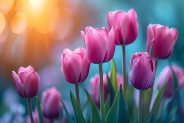 Spring Blooming Tulips at Sunset - Vibrant Pink Flowers in Natural Light, Perfect for Cards and Posters