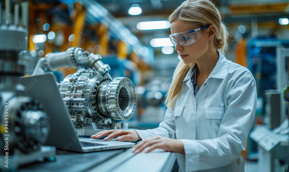 Poster female mechanical engineer designing 3d engine on computer in modern industrial lab, male automation